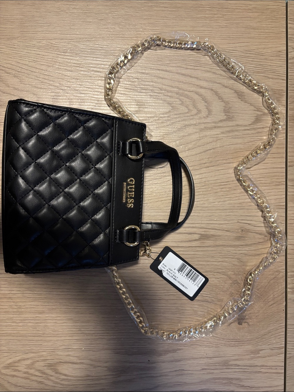 Guess Black Quilted Mini Tote with Gold Chain Strap